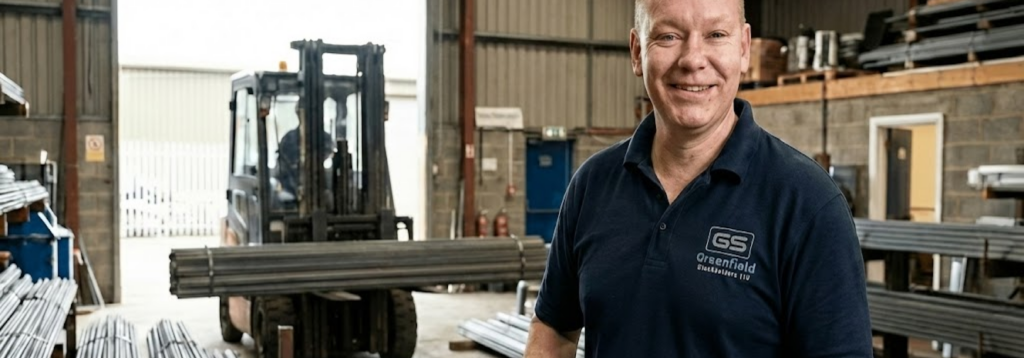 Employee at greenfield steels in warehouse helping to load steel